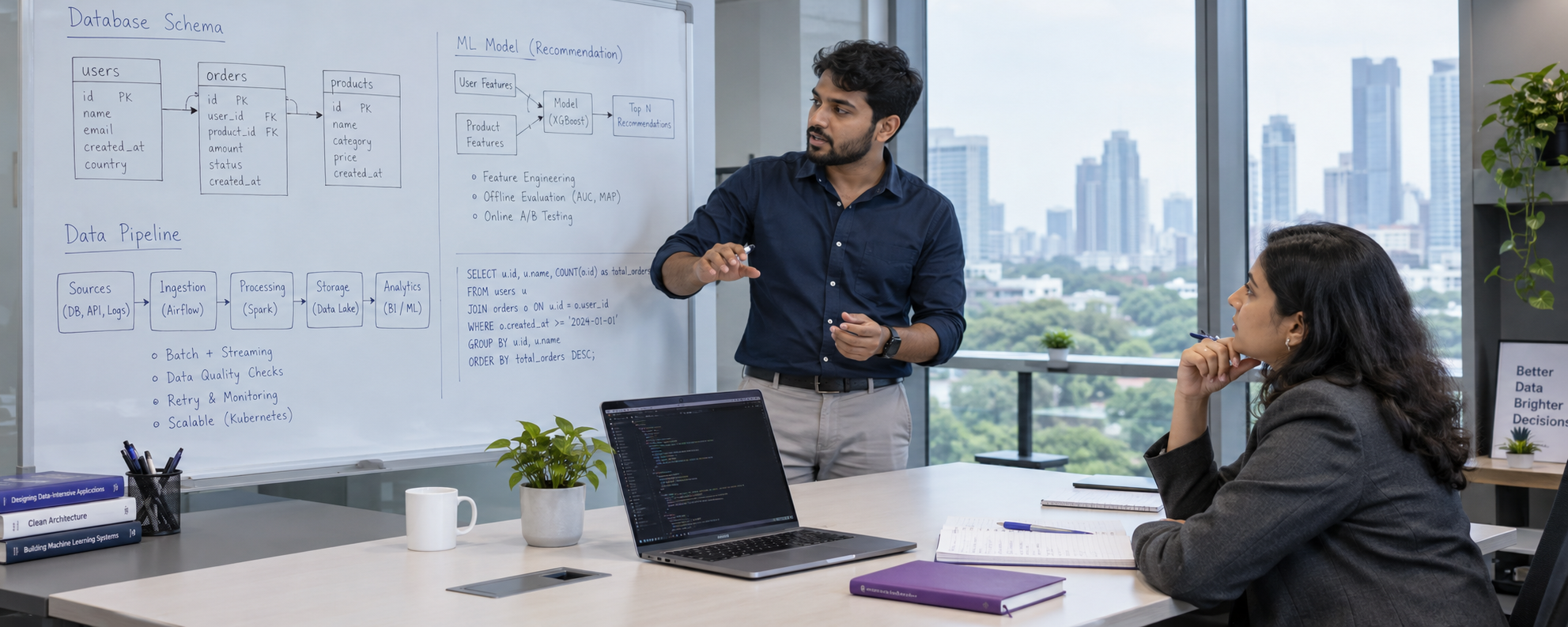 Technical interview with a candidate explaining database models, data pipelines, and AI architecture at a whiteboard