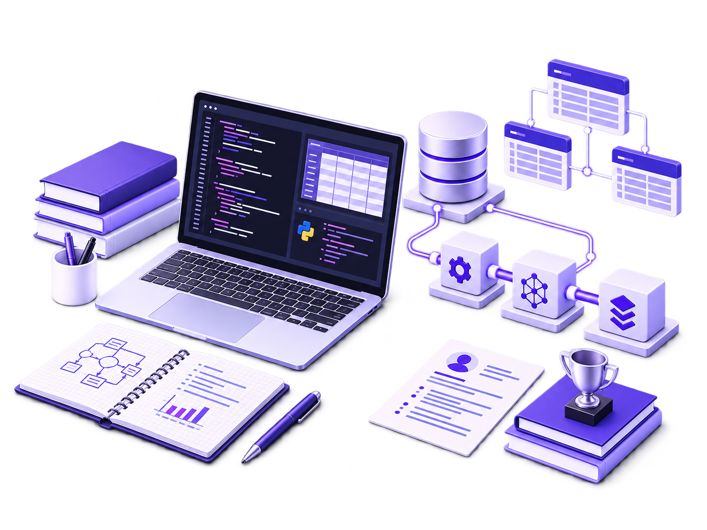 Coding workspace with data tables, connected data models, a pipeline, learning notes, and career preparation tools