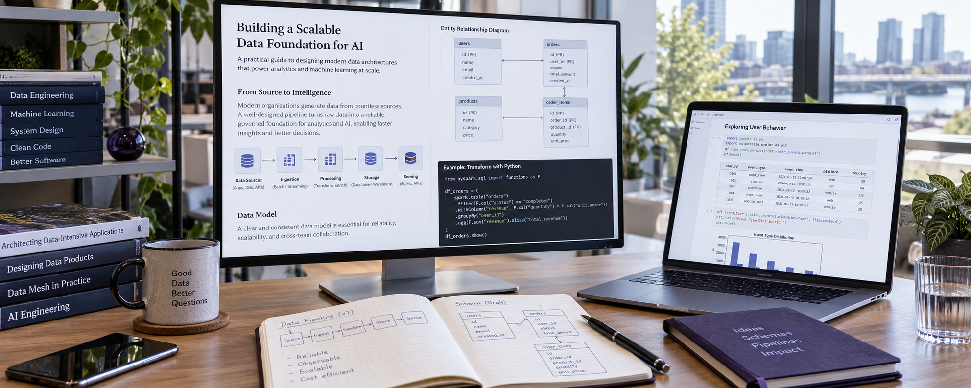 Detailed Data and AI workspace with a technical article, architecture diagrams, Python code, and reference books